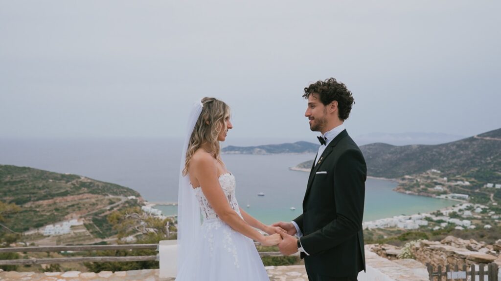 Destination Wedding in Sifnos Panagia tou Vounou overlooking the grandiose view over Platis Gialos
