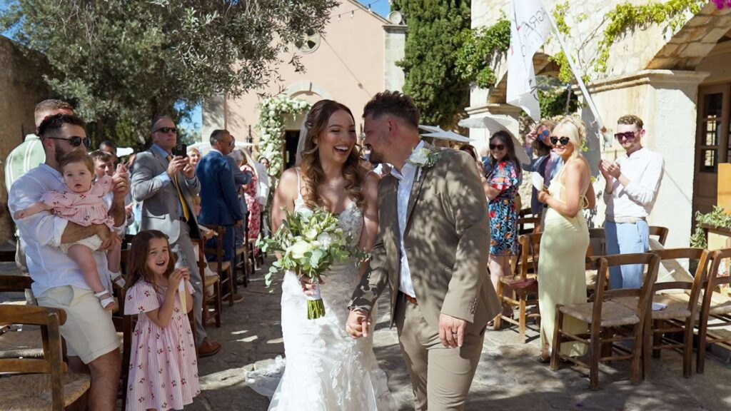 Bride and groom at the church of St Nicholas, Agreco Farms wedding venue, Crete