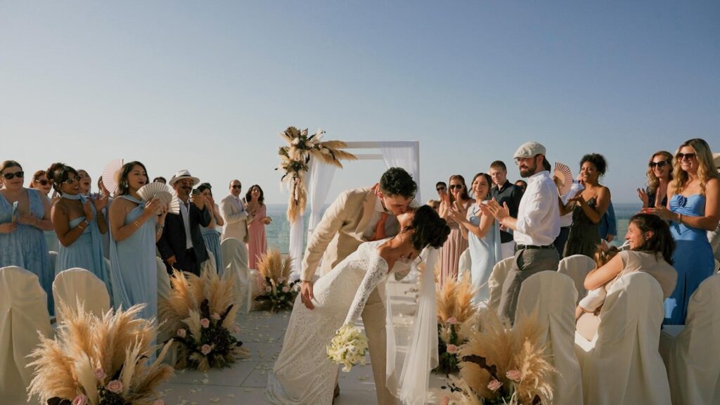 "Bride and groom kissing after their ceremony at Grecotel LUXME White Palace, Rethymnon, Crete