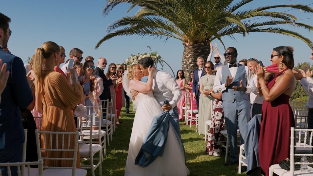 Bride and groom recessional at Villa Heora, Rethymno, Crete
