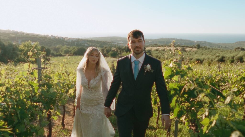 Bride and groom couple shoot in the vineyards at Agreco Farms wedding venue, Crete